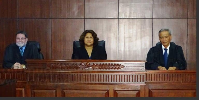 The presiding Judges in the case, Justice Vui Clarence Nelson, Justice Niava Mata Tuatagaloa & Justice Lesatele Rapi Vaai. - Radio Samoa
