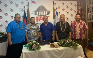 F.A.S.T Chairman, Laauli Leuatea Schmidt; Deputy Chairman, Olo Fiti Vaai; Treasurer, Leatinuu Wayne Fong; Secretary, Va'aaoao Salu Alofipo with H.R.P.P. candidate Tavui Asiata Tiafau