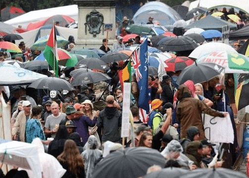 Protesters in rain