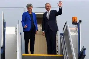 Australian Prime Minister Anthony Albanese, alongside Australian Foreign Minister Penny Wong