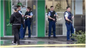 Armed police were seen outside entrances to The Plaza and Downtown on Main St