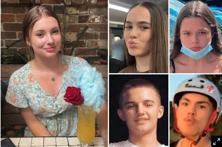 The five teenagers who died in the Buxton car crash. Clockwise from main: Lily Van de Putte, Summer Williams, Gabby McLennan, Tyrese Bechard and Antonio Desisto