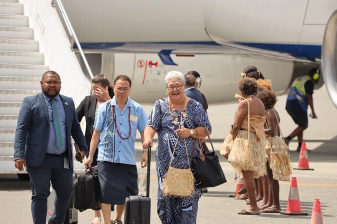 Peseta Noumea Simi and Samoa High Commissioner in Fiji Aliioaiga Feturi Elisaia arriving in Solomon iIslands for the Pacific Forum Leaders Meeting 2025
