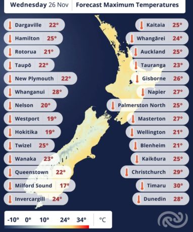 Forecast maximum temperatures for Wednesday 26 November
