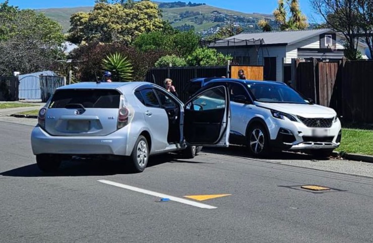 The aftermath of a crash in the Christchurch suburb of South Brighton on Rocking Horse Road