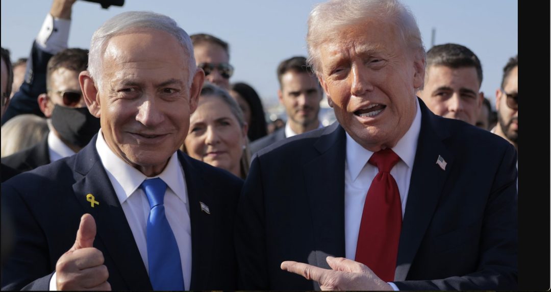 US President Donald Trump speaks to Israeli Prime Minister Benjamin Netanyahu at Ben Gurion International Airport