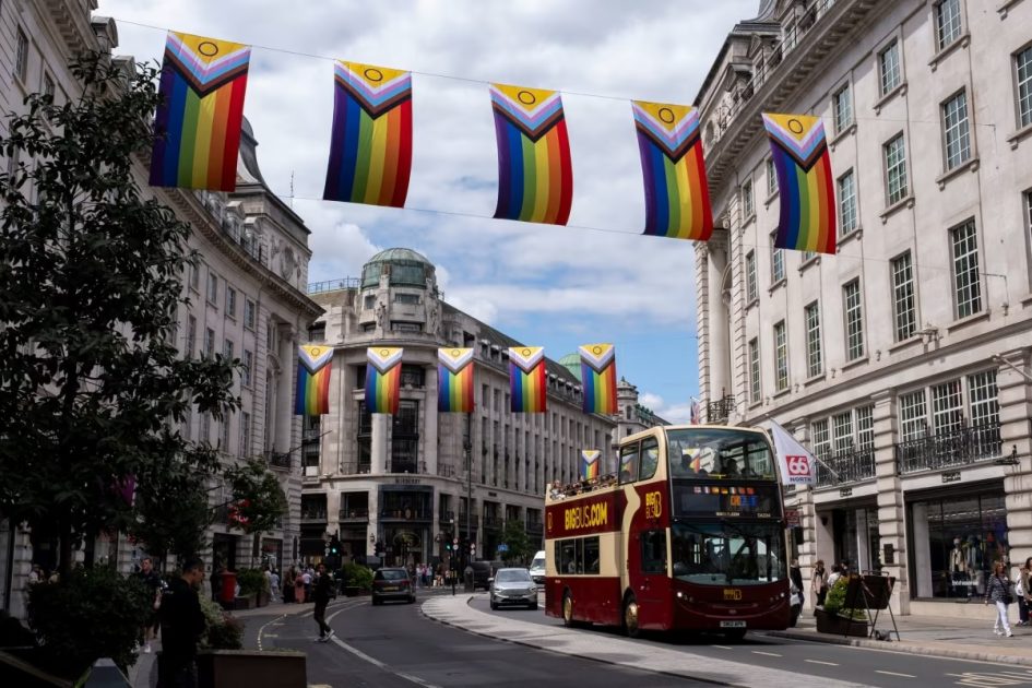 Pride flags hang above Regent Street in advance of the Pride in London, on July 7