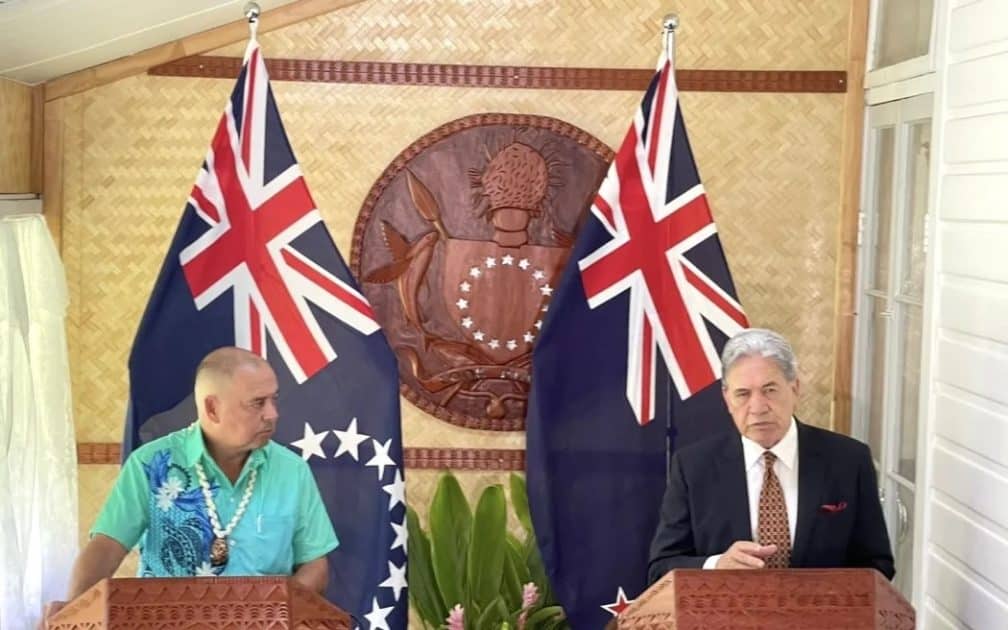 Cook Islands Prime Minister Mark Brown, left, and Foreign Affairs Minister and Deputy Prime Minister Winston Peters in Rarotonga. 8 February 2024