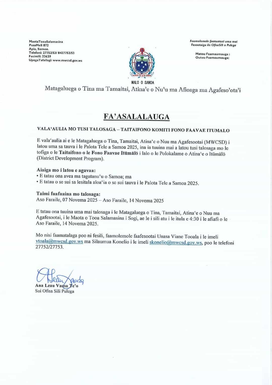 Valaaulia mo Tusi Talosaga - Ta'ita'ifono Komiti Fonofaavae Itumalo