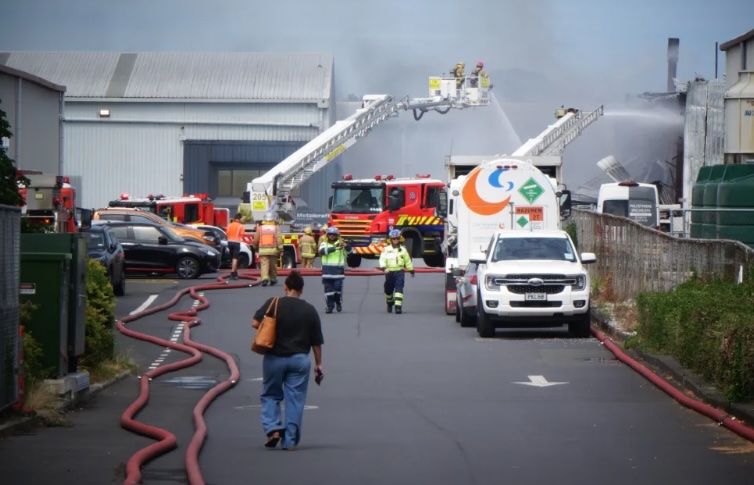 Fire trucks at the site of a blaze in Wiri that closed a main road in the Auckland suburb.