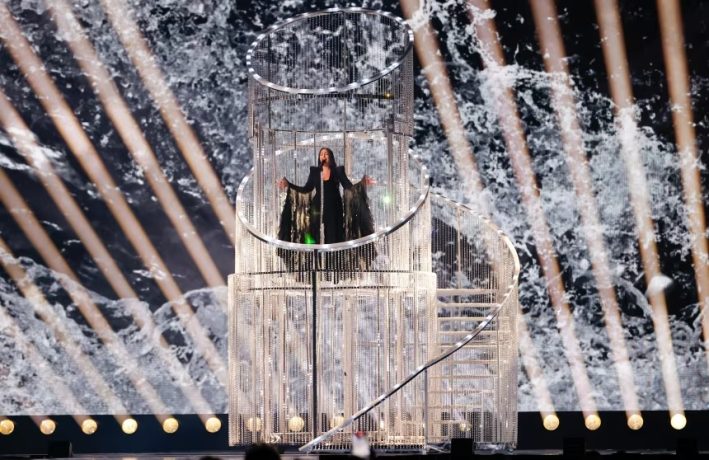 Singer Yuval Raphael representing Israel with the song New Day Will Rise at the 69th Eurovision Song Contest in Basel, Switzerland, in May 2025.