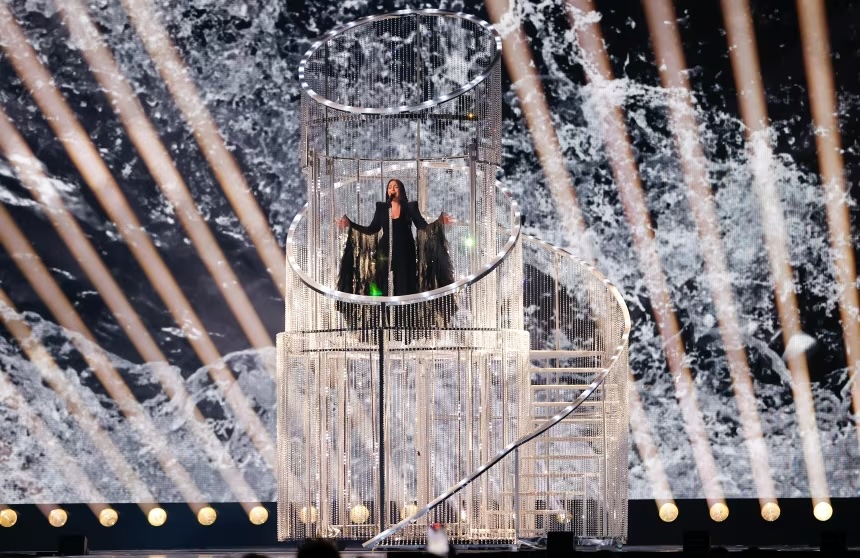 Singer Yuval Raphael representing Israel with the song New Day Will Rise at the 69th Eurovision Song Contest in Basel, Switzerland, in May 2025.