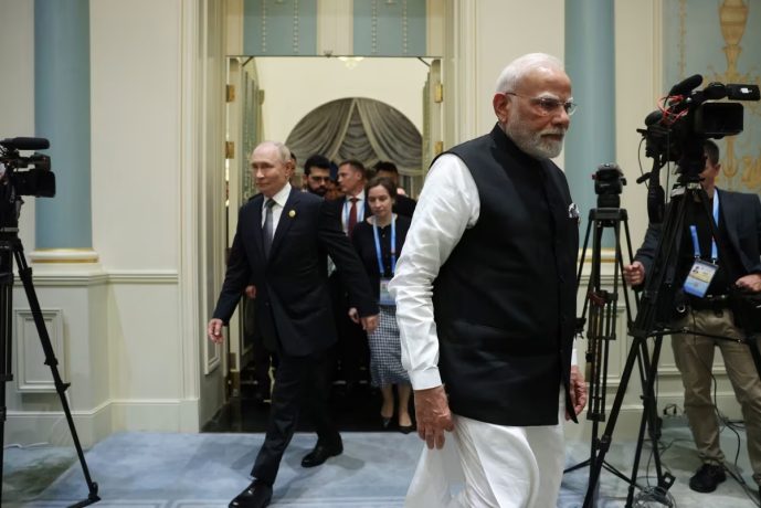 Russian President Vladimir Putin and Indian Prime Minister Narendra Modi at the Shanghai Cooperation Organization Summit, September 1, 2025, in Tianjin, China.