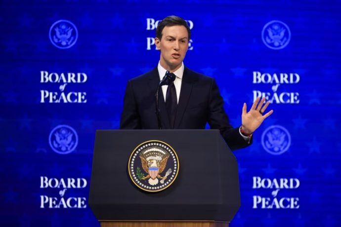 Jared Kushner, President Donald Trump's son-in-law, speaks during the Board of Peace signing ceremony at the World Economic Forum in Davos, Switzerland, on Thursday, Jan. 22, 2026.
