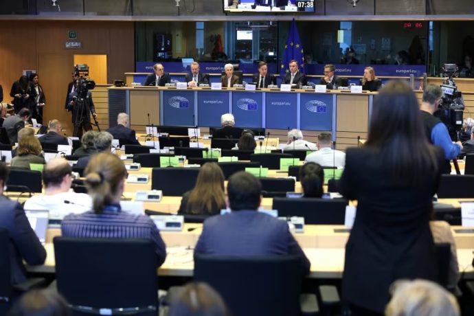 NATO Secretary General Mark Rutte addresses committees of the European Union Parliament on Monday in Brussels, Belgium.