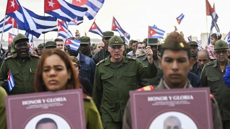 Cuba's President Miguel Diaz-Canel, center, takes part in the Anti-Imperialist protest in front of the US Embassy in Havana, Cuba.