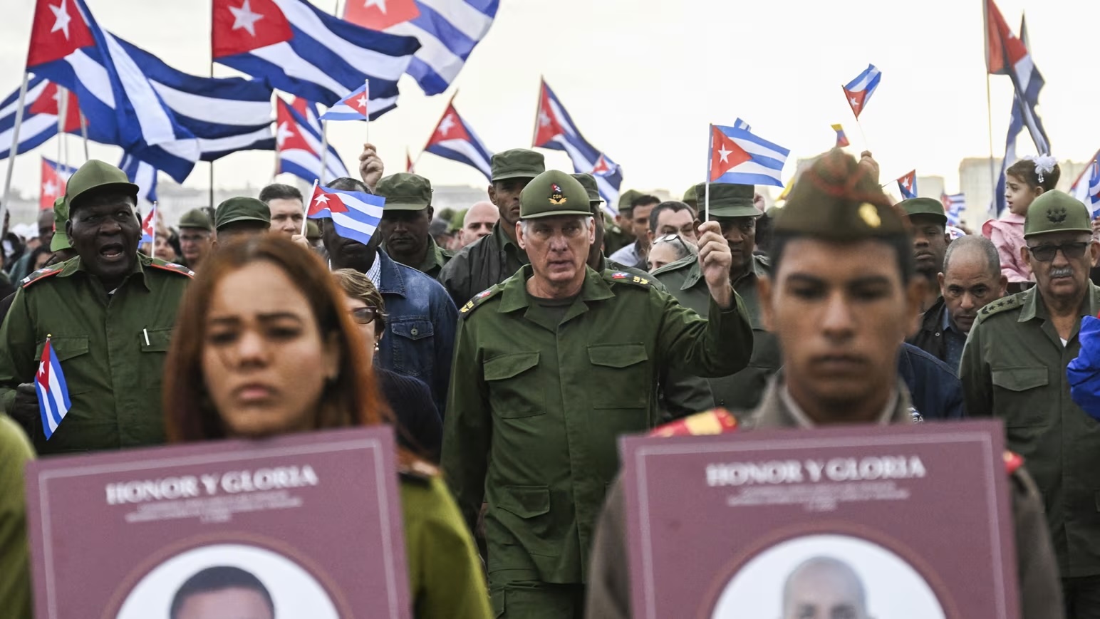 Cuba's President Miguel Diaz-Canel, center, takes part in the Anti-Imperialist protest in front of the US Embassy in Havana, Cuba.