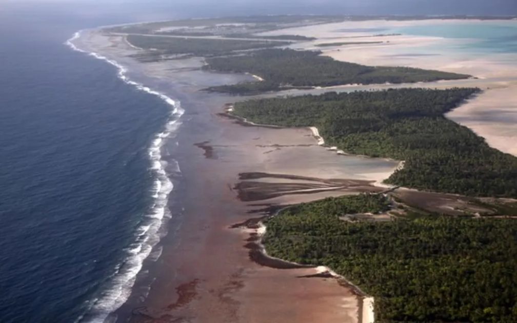 North and South Tarawa are seen from the air in the Pacific island nation of Kiribati.
