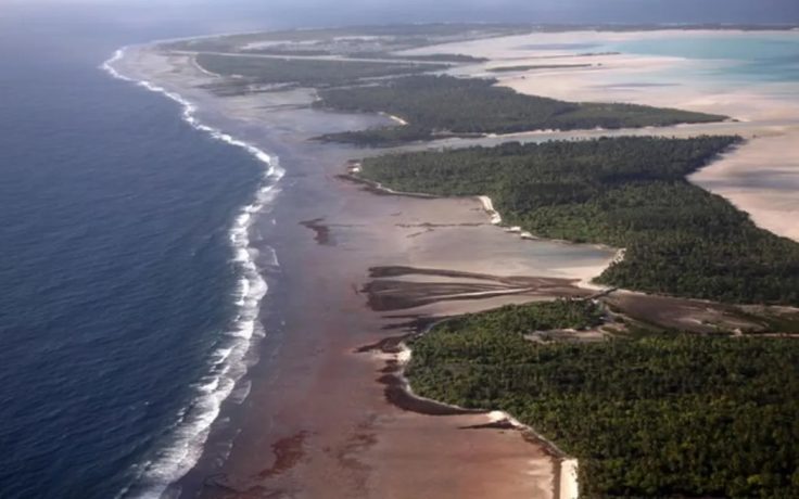 North and South Tarawa are seen from the air in the Pacific island nation of Kiribati.