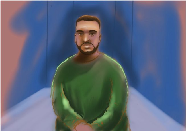 Court sketch- Accused Bondi terrorist Naveed Akram has appeared in court via video link. (Nine / Supplied)