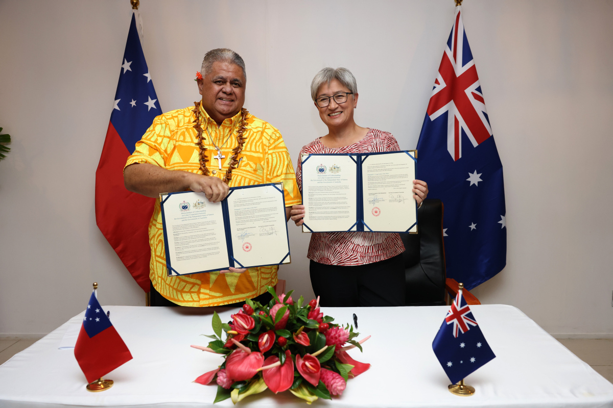 Australian Foreign Minister, The Honourable Senator Penny Wong during the signing of Policing, and Cyber MOUS with Samoan Prime Minister, The Honourable Susuga Laaulialemalietoa Leuatea Polataivao Fosi Schmidt