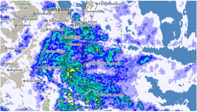 The rain radar over Brisbane and the Gold Coast this morning.