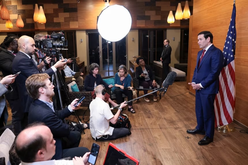 US Secretary of State Marco Rubio speaks to reporters in a departure lounge before returning to Washington following meetings with Caribbean Community leaders, at Robert L. Bradshaw International Airport in Basseterre, Saint Kitts and Nevis, on February 25.