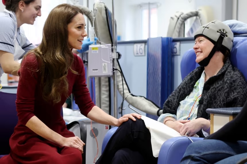Britain's Catherine, Princess of Wales talks with Katherine Field during a visit to the Royal Marsden Hospital in west London on January 14, 2025.