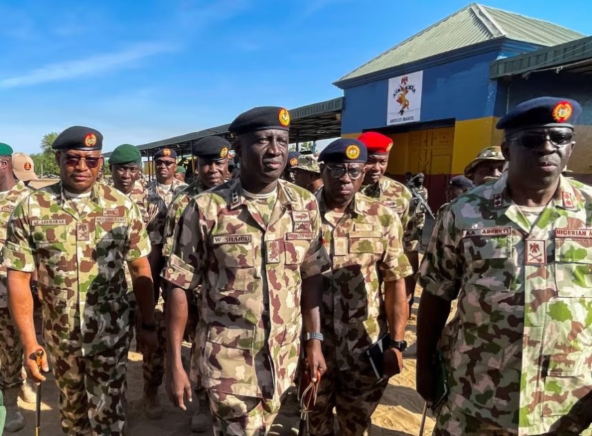 Nigeria's Chief of Army Staff, Lieutenant-General Waidi Shaibu, arrives to inspect troops during a tour at Maimalari Cantonment in Maiduguri, Nigeria, on November 7, 2025.
