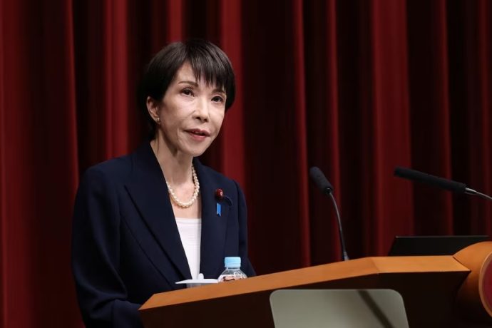 The party of Japanese Prime Minister Sanae Takaichi, pictured here in January, is on track to secure a large majority in a snap election Sunday.