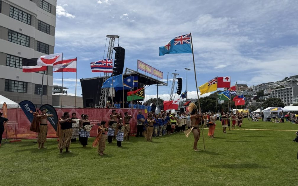 Country flag bearers at the opening ceremony of the Wellington Pasifika Festival 2026.