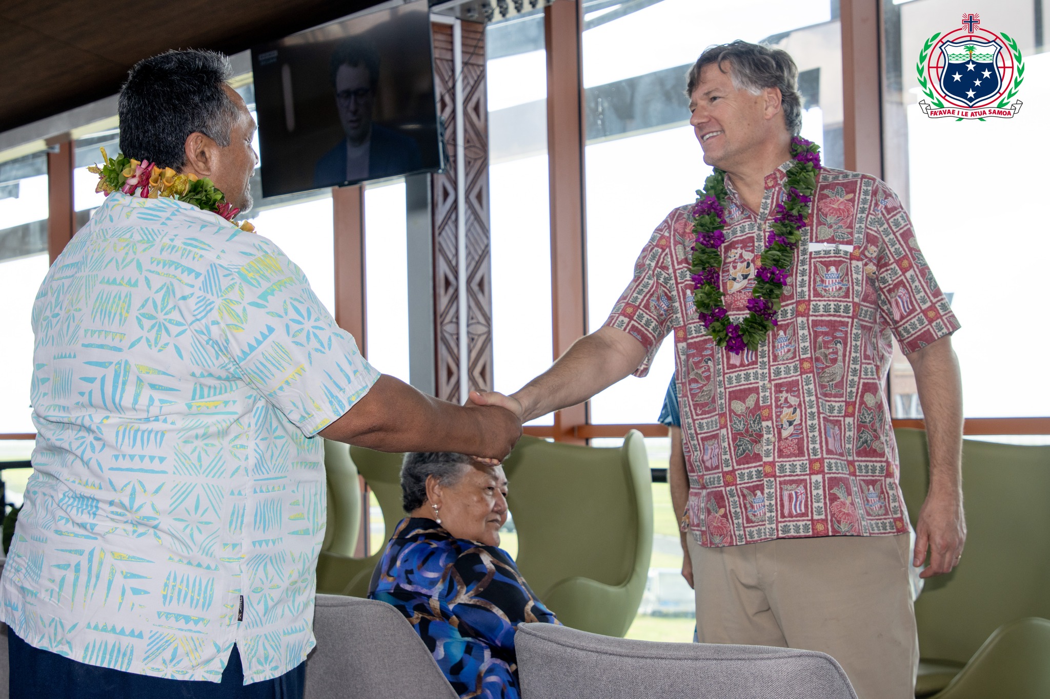 DPM Hon Toelupe Poumulinuku Onesemo greeted the U.S. Deputy Secretary of State, Christopher Landau when arrived in Samoa for official visit