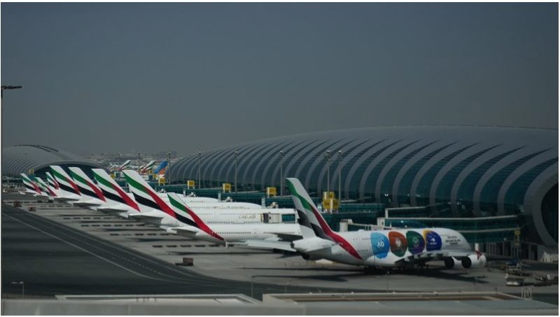 Emirates airplanes are parked at the Dubai International Airport after its closure in Dubai, United Arab Emirates, on Sunday, March 1, 2026.