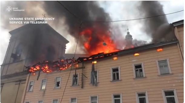 Firefighters in Lviv battle a large blaze after a Russian drone attack on Tuesday. Ukraine State Emergency Service via Telegram.
