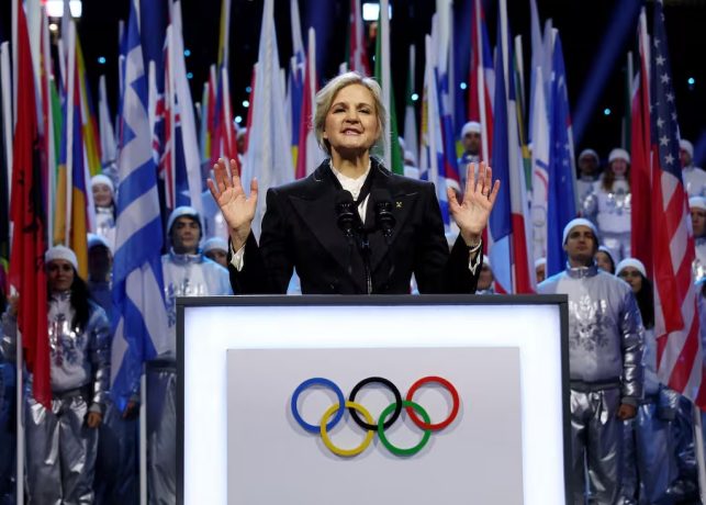 IOC President Kirsty Coventry speaks during the Olympic opening ceremony at the 2026 Winter Olympics, in Milan, Italy.