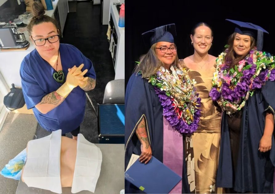 Rachel Perese doing training on a medical dummy (left), and Perese graduating with her midwifery degree.