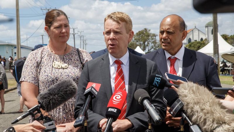 Labour leader Chris Hipkins, flanked by Willow-Jean Prime and Willie Jackson.