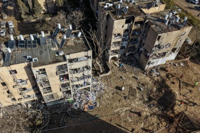 A drone view shows a crater in Arad, southern Israel, on Sunday, after a night of Iranian missile strikes.