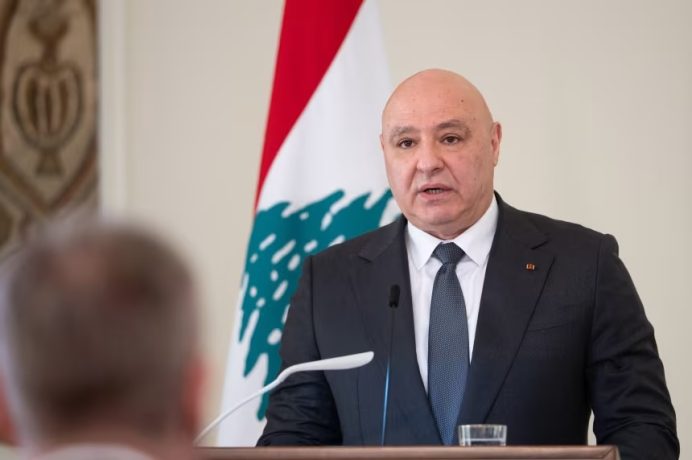 Lebanese President Joseph Aoun speaks at a press conference in Beirut on February 16.