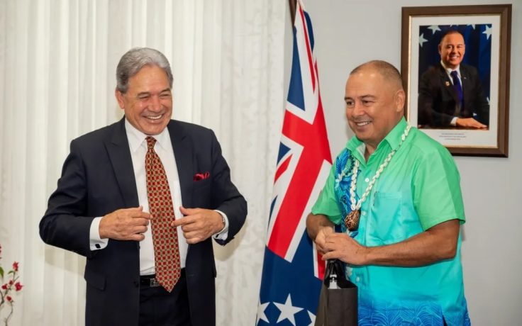 Happier times … New Zealand Foreign Minister Winston Peters and Cook Islands Prime Minister Mark Brown in Avarua, February 2024.
