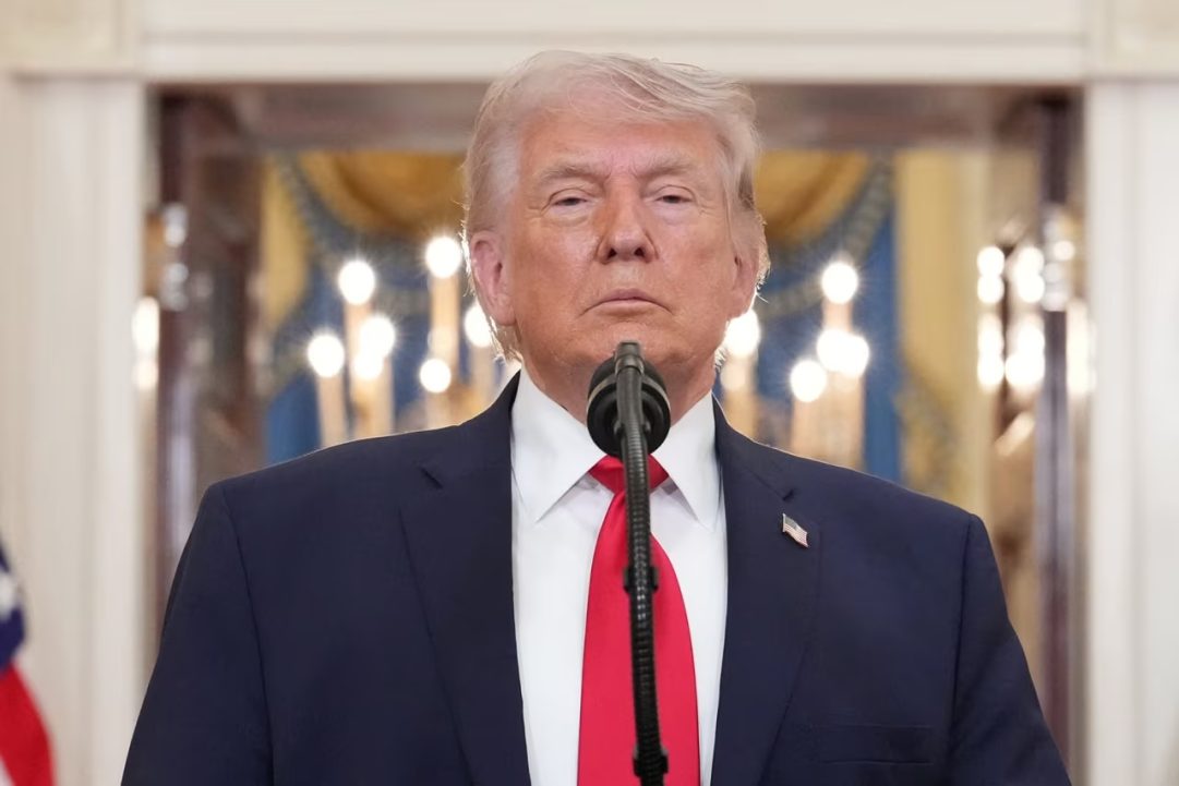 President Donald Trump pauses as he finishes speaking about the Iran war from the Cross Hall of the White House in Washington on Wednesday.