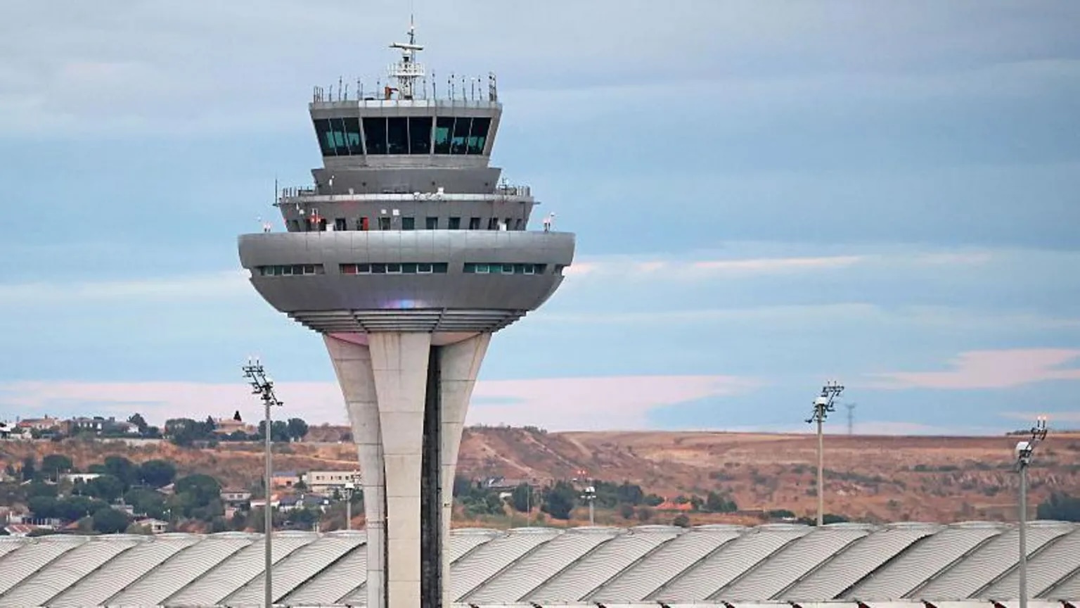 The control tower at Adolfo Suarez Airport in Madrid, Spain in 2025.