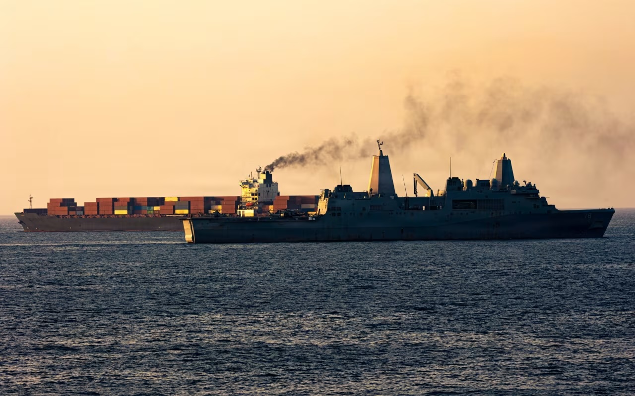 US forces patrol the Arabian Sea near M:V Touska, Monday, April 20, after a Iranian-flagged vessel attempted to violate the US naval blockade.