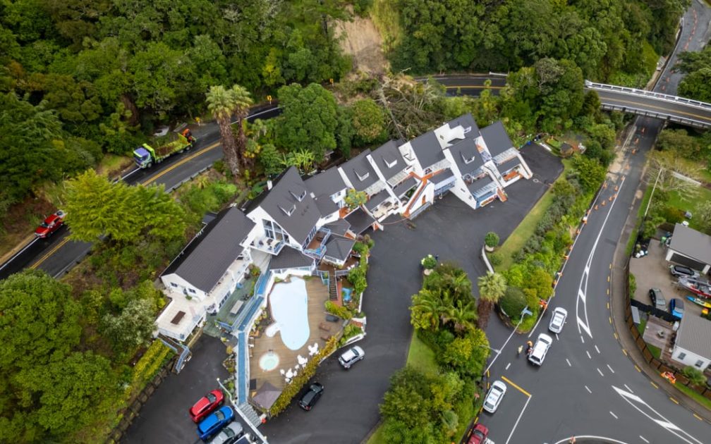 A drone photo of the slip in Waiwera.