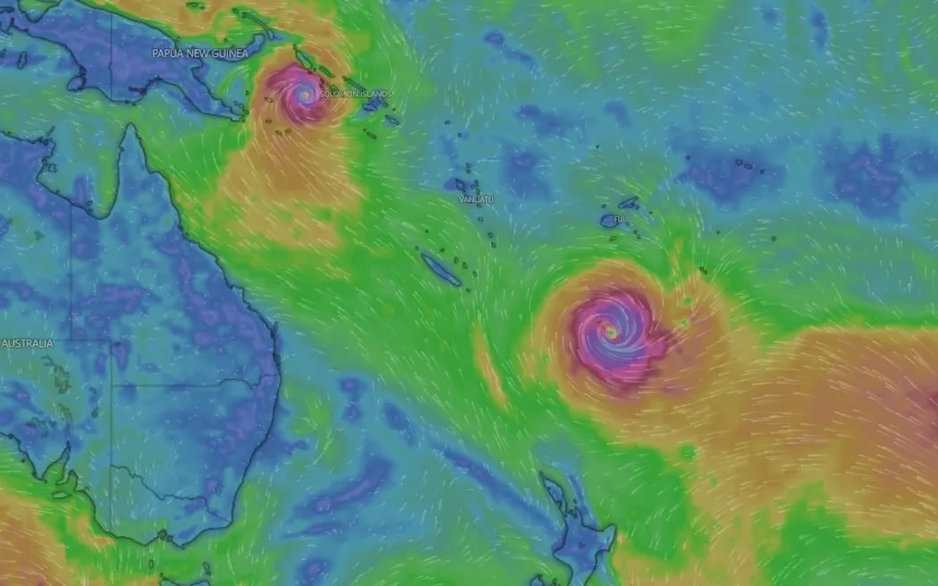 Tropical cyclone Maila, left, was a category 4 storm on Thursday morning, and cyclone Vaianu a category 2. Photo RNZ