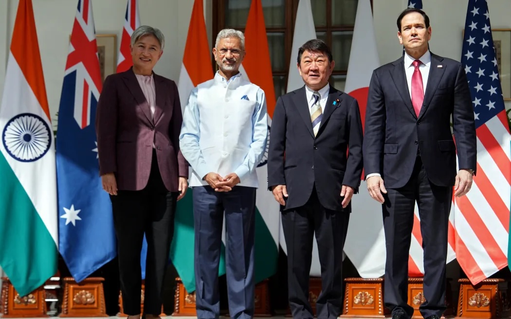(From left) Australia's Foreign Minister Penny Wong, India's Foreign Minister Subrahmanyam Jaishankar, Japan's Foreign minister Toshimitsu Motegi and US Secretary of State Marco Rubio at the Quad Foreign Ministers meeting in New Delhi.