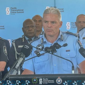 New Zealand Police Commissioner Richard Chambers flagged by regional police chiefs, including Australian Federal Police's Krissy Barrett, left, and Fiji Police's Rusiate Tudravu during a news conference at the inaugural Pacific Transnational Crime Summit in Suva, Fiji. 20 May 2026.