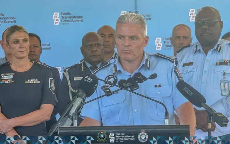 New Zealand Police Commissioner Richard Chambers flagged by regional police chiefs, including Australian Federal Police's Krissy Barrett, left, and Fiji Police's Rusiate Tudravu during a news conference at the inaugural Pacific Transnational Crime Summit in Suva, Fiji. 20 May 2026.