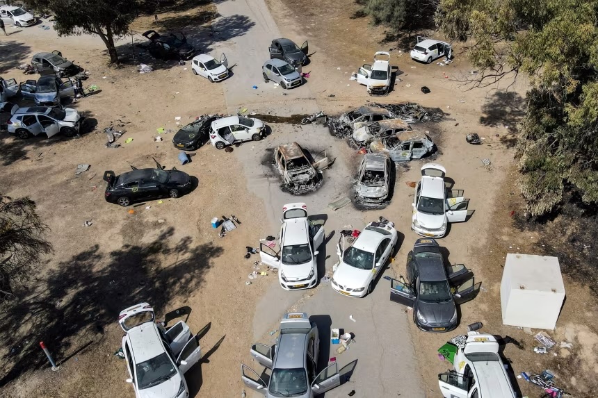 Abandoned and torched vehicles at the site of the October 7, 2023, attack by Palestinian militants on the Supernova desert music festival in southern Israel.