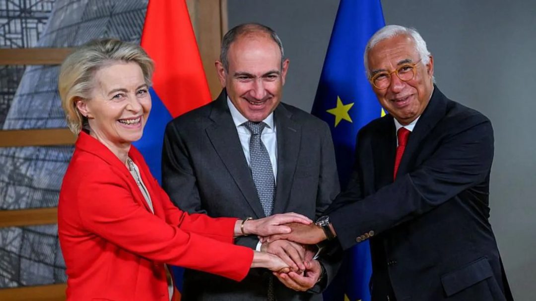 Armenia's Prime Minister Nikol Pashinyan (C) pictured with the leaders of the European Commission and European Council in July